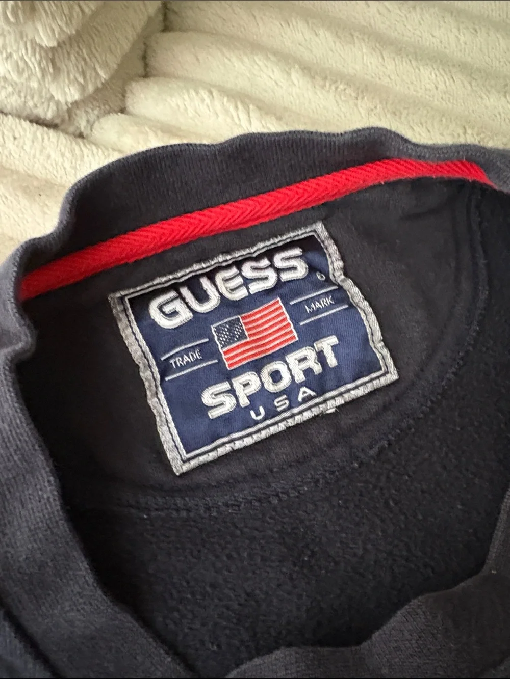 Vintage Guess Navy Crewneck Sweatshirt with Red Trim and Logo vi
